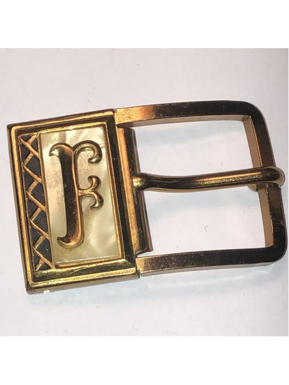 Vintage Solid Brass Initial F Mother of Pearl Sire Belt Buckle